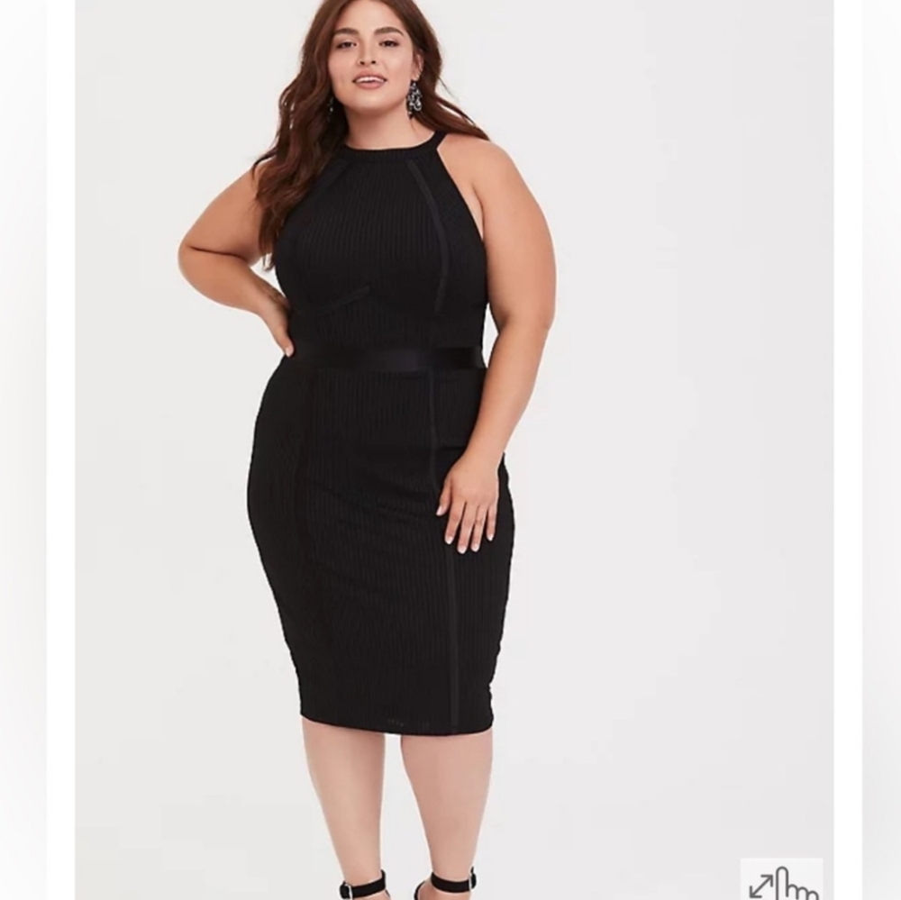 Torrid 2X Black Halter Bodycon Ribbed Knee Length Midi Dress
